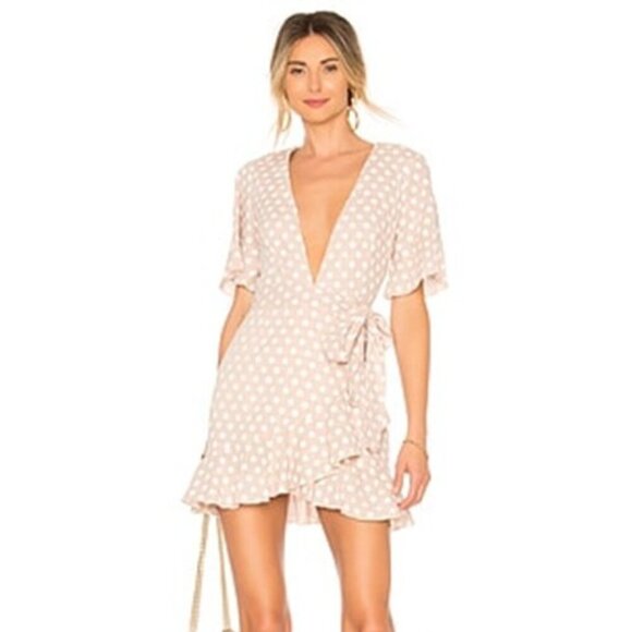 MAJORELLE Dresses & Skirts - Majorelle Portia Mini Wrap Dress Side-Tie Short Sleeve Taupe Polka Dot Ruffled S